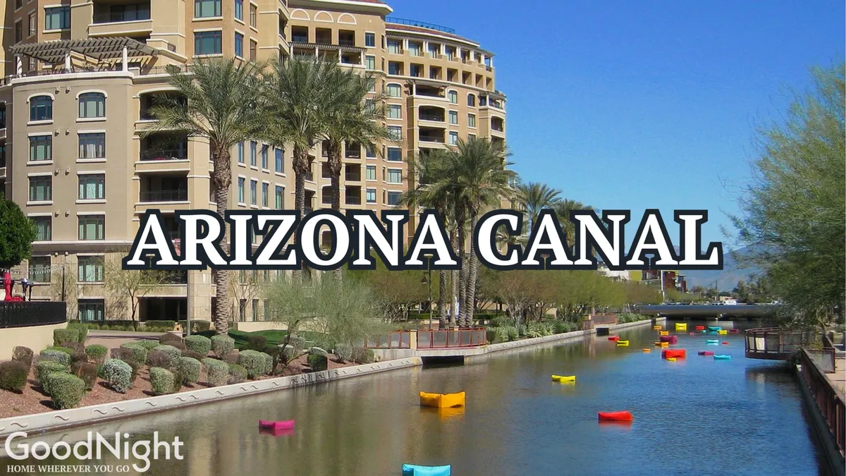 A lively scene along the Arizona Canal with colorful boats drifting by, palm trees lining the walkways, and modern buildings in the background. The image conveys a vibrant, outdoor-friendly environment ideal for walking, jogging, or simply taking a break during the workday.